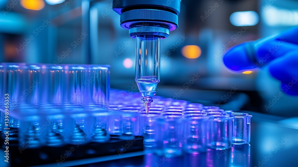 Aufkleber Detailed view of a precision pipette dispensing liquid into test tubes in a glowing laboratory : Generative AI
