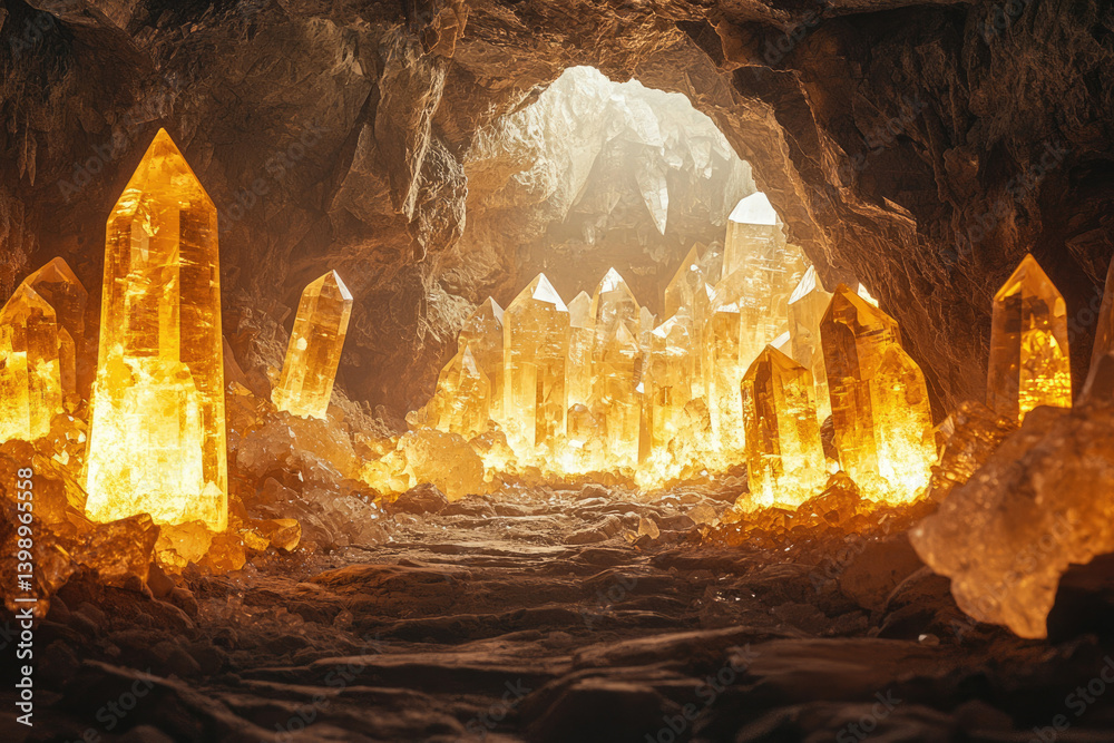 Poster glowing amber crystals illuminate a mystical cave, creating a breathtaking subterranean spectacle.