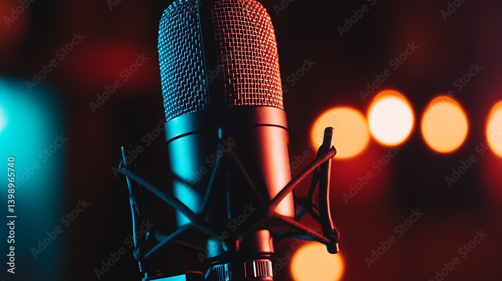 Aufkleber High quality close up of a professional microphone with colorful lights in the background : Generative AI