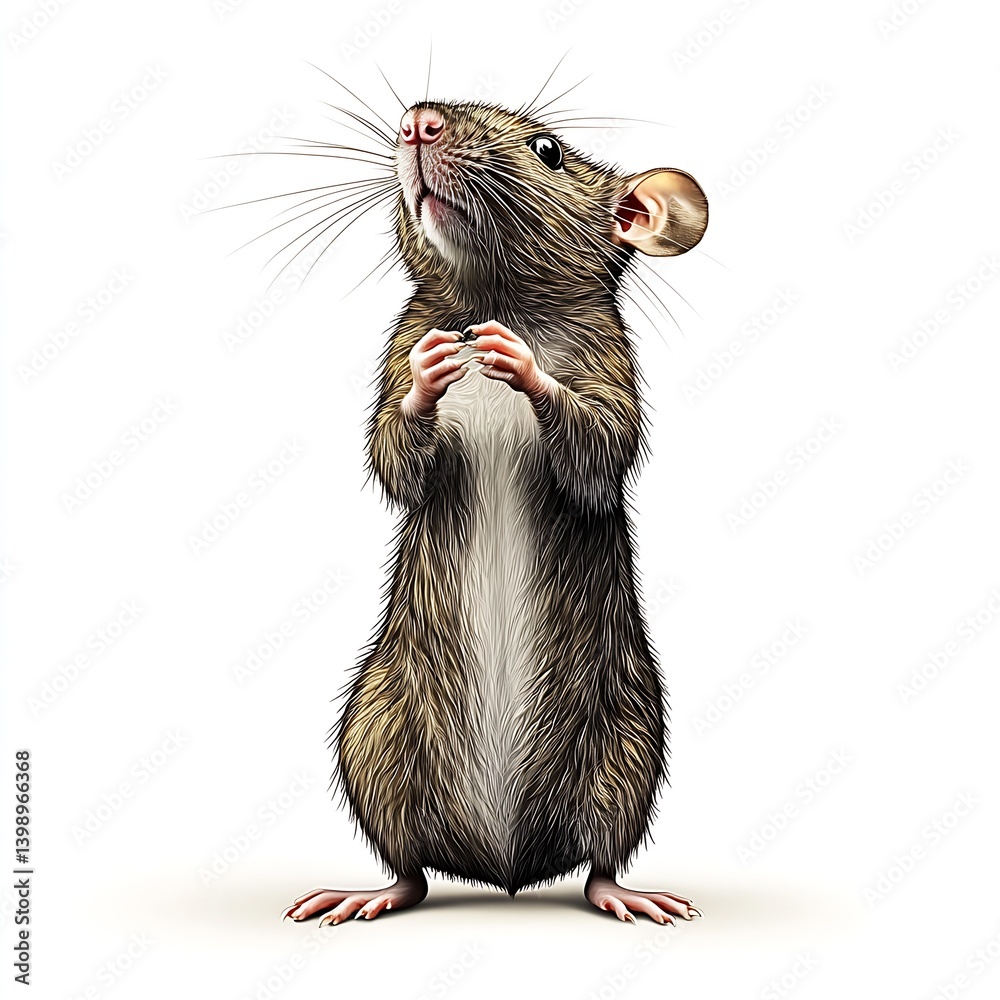 Poster charming depiction of a brown rat standing tall with its paws clasped together looking around in an 