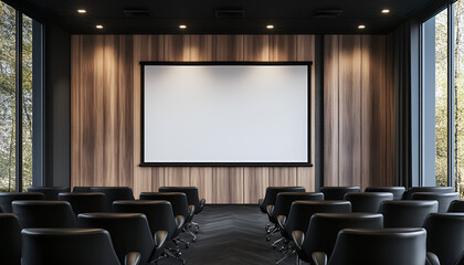Fototapeta premium Empty conference room with black chairs, blank white screen mockup