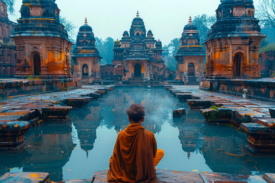 Amidst the ruins of the Nalanda University, an Indian man reflects on the intellectual legacy of ancient India, his mind inspired by the scholarly pursuits of the past.