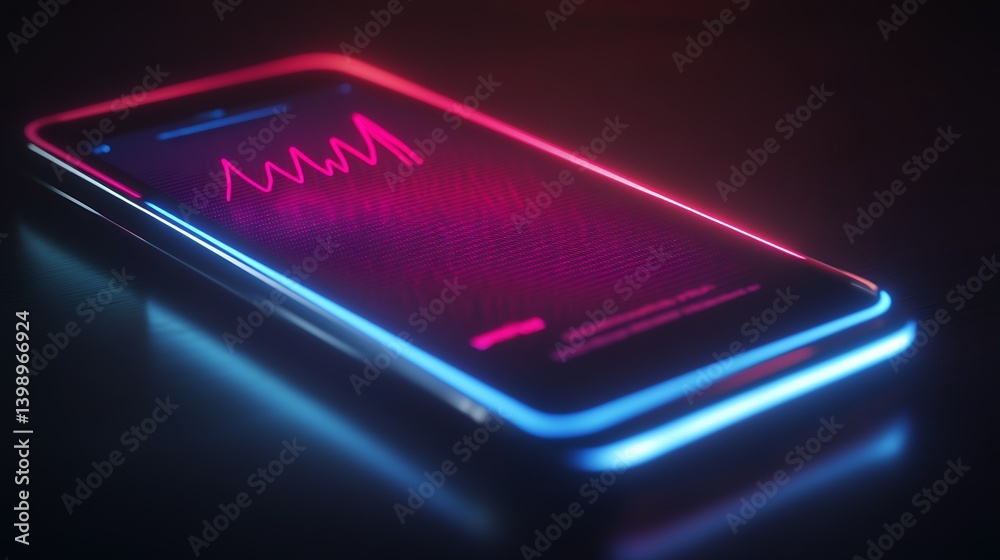 Poster Futuristic smartphone glowing with colorful health metrics displayed vividly on its sleek screen : Generative AI