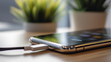 Close-up of a smartphone being charged with a black cable on a wooden table surrounded by greenery : Generative AI