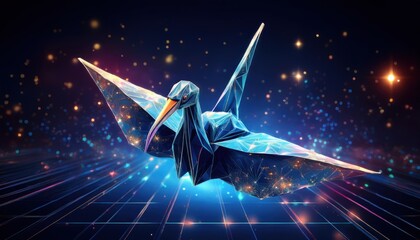 Origami Crane Soaring Through Digital Space Among Glowing Particles