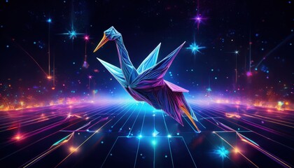 Origami Crane Soaring Above Neon Grid Futuristic Landscape Art Style