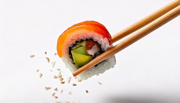 Generated image a piece of sushi with chopsticks flying in the air over an isolated white background 
