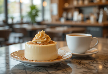 Vanilla pudding served with coffee in a cozy caf&eacute; setting during afternoon hours