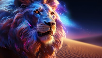 Majestic Lion with Colorful Mane Gazing Intently Across Desert Landscape
