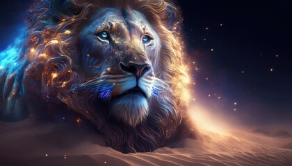 Majestic Lion with Glowing Mane and Cosmic Aura in Desert Landscape
