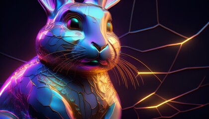 Metallic rabbit with neon colors in a futuristic abstract design