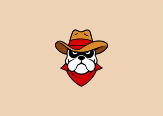 Bandit Bulldog's Western Stare: A stylized bandit bulldog wears a cowboy hat and bandana, with an enigmatic gaze. Illustrated in bold lines and earthy tones.