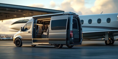 Airport transportation van and jet