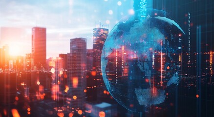 Obraz premium Digital globe overlaying city skyline at sunset with abstract light effects.