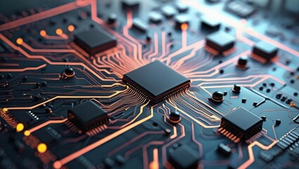 Futuristic Abstract Digital Circuit Board Background With Glowing Lines And Tech Elements, Illustrating Cyber Security, Data Processing, And High-Tech Connectivity Concepts.