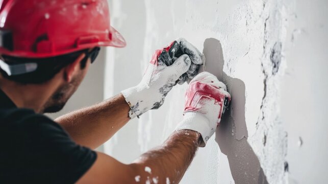 A Hispanic construction worker repairing drywall at a construction site. Featuring skill and precision