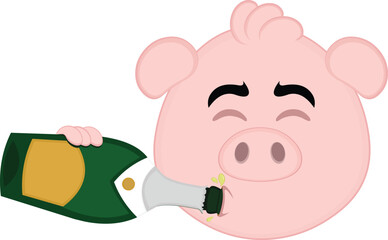 vector illustration emoji character face pig cartoon, drinking champagne or cider from the bottle