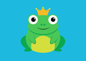 Fototapeta premium Royal Frog with Golden Crown: An enchanting depiction of a cheerful cartoon frog, adorned with a regal golden crown, set against a vibrant blue backdrop. Evoking a sense of whimsy and royalty.