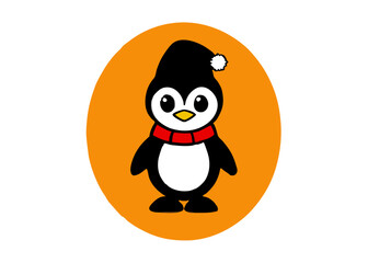 Obraz premium Charming Penguin in a Warm Circle: An adorable penguin, decked out in a cozy hat and scarf, stands playfully against a vibrant, circular backdrop, exuding warmth and cheer.