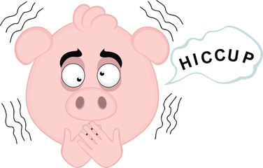 vector illustration emoji character face pig cartoon, having hiccups symptom and a speech bubble with hiccup text