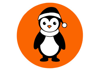 Naklejka premium Festive Penguin in Orange Circle: An adorable penguin wearing a cozy hat and scarf, set against a vibrant orange backdrop, embodies the holiday spirit.