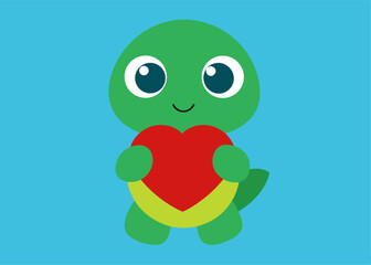 Obraz premium Adorable Turtle with Heart: A charming and lovable cartoon turtle tenderly embraces a vibrant red heart, representing love, affection, and care, creating a heartwarming scene.