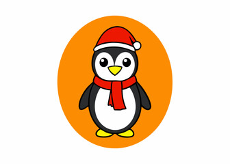 Fototapeta premium Cheerful Christmas Penguin: A cute penguin wearing a festive red hat and scarf, standing in front of a warm orange circle, it captures the festive spirit with joy and happiness. 