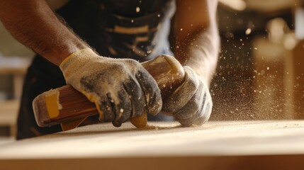 A Hispanic construction worker sanding wood at a construction site. Featuring technique and detail