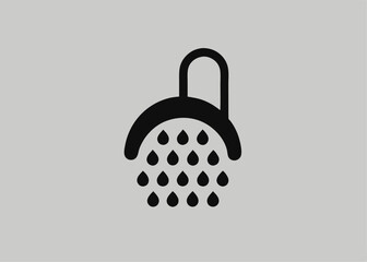 Shower Icon: A minimalist black and white icon of a showerhead and droplets against a plain background, offering a clean, straightforward visual representation for various design needs.