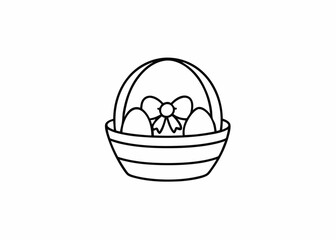 Fototapeta premium Easter Basket Illustration: A simplistic black and white illustration of an Easter basket, containing three eggs and adorned with a decorative bow, perfect for spring celebrations.