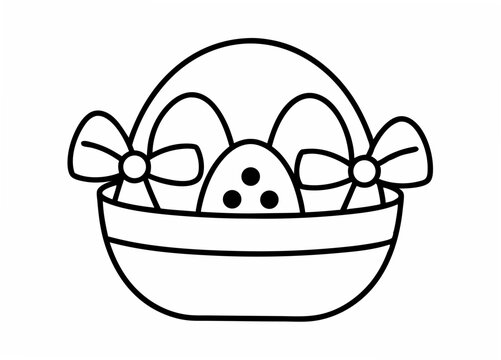 Easter Egg Basket Outline: A delightful line drawing depicts a charming Easter basket overflowing with eggs, accented with decorative bows.
