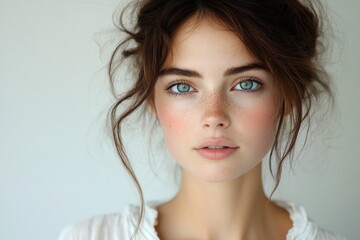 curious beautiful young woman with funny expression smiling in minimalist portrait photography