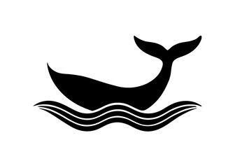 Naklejka premium Whale Silhouette in the Waves: A sleek black whale silhouette gracefully breaches the surface of the sea, with waves that evokes a sense of serenity and the vastness of the ocean.