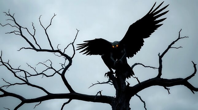 Illustration of mothman creature with glowing red eyes perched on a dead tree