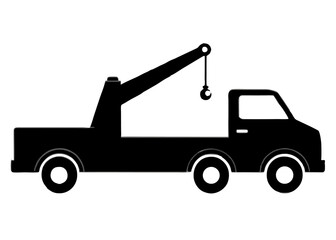 Silhouette of Service: A monochrome depiction of a heavy-duty tow truck, its boom raised in readiness. This image epitomizes assistance and reliability, ideal for a range of applications.