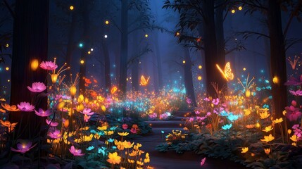 Fototapeta premium A magical forest illuminated by vibrant flowers and glowing butterflies.