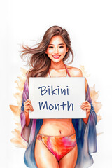 Bikini Month.  Asian woman in bikini holding sign.