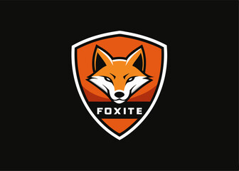 Fototapeta premium Fox Logo on black: A striking emblem showcases a fierce fox face with sharp, confident features set within a shield-shaped frame, ideal for branding, logos, or illustrative purposes.