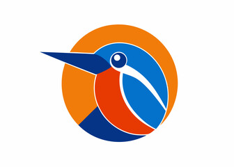 Kingfisher Emblem: A vibrant kingfisher emblem in a modern, minimalist style, showcasing a beautiful bird in a striking circular design, perfect for illustrating wildlife and nature themes.