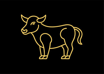 Obraz premium Golden Cow Illustration: A minimalist golden cow, with defined features, stands out against a dark backdrop, designed in a clean vector style for an eye-catching visual experience.