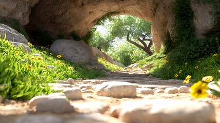 Obraz premium Scenic stone path through cave garden