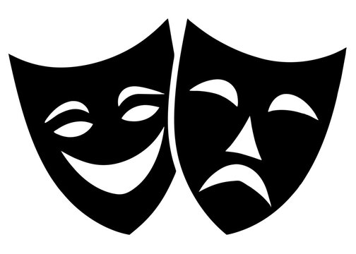 Theater Masks: A timeless pair of theater masks, embodying the duality of human emotion, stand side-by-side to depict the drama, comedy, and pathos of theatrical expression.