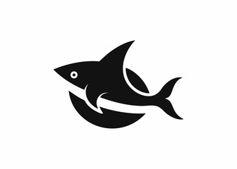 Obraz premium Shark Silhouette Logo: A captivating black silhouette of a shark, set against a circular backdrop, embodying strength and marine essence.