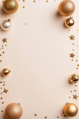 Fototapeta premium A festive vertical composition featuring golden Christmas ornaments and star confetti set against a soft pastel background capturing a celebratory holiday spirit.