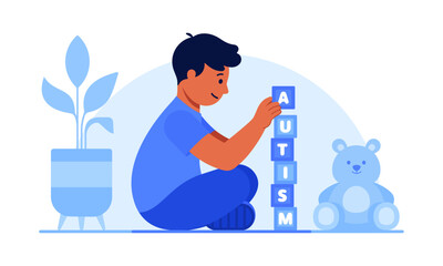 Autistic kid playing with alphabet blocks spelling “autism”. Neurodiversity, child development, special education, and autism awareness concept. Flat vector illustration isolated on white background