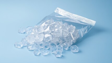 Clear Ice Cubes in Plastic Ziplock Bag on Light Blue Surface