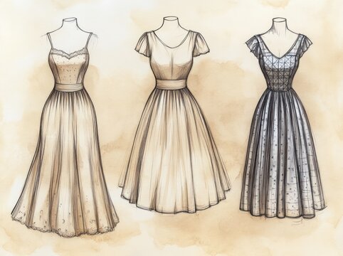 Elegant Dress Sketch Collection Minimalist Designs Short Medium Length Women Fashion Illustrations