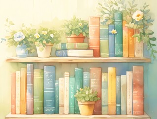 Watercolor Illustration of a Bookshelf Displaying Books and Potted Plants in Pastel Colors