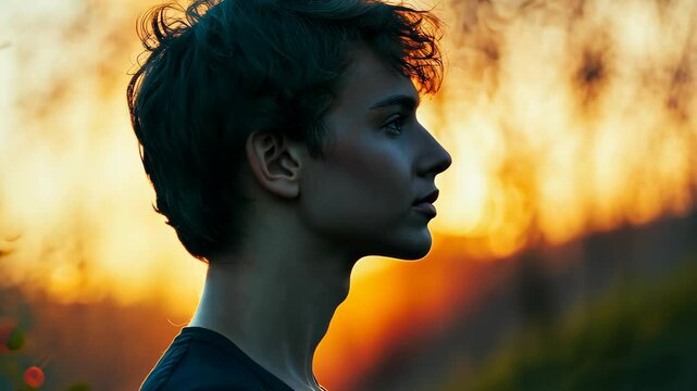 A young individual stands quietly while observing the beautiful sunset. Their profile is illuminated by the warm colors of the fading sunlight, creating a serene atmosphere.