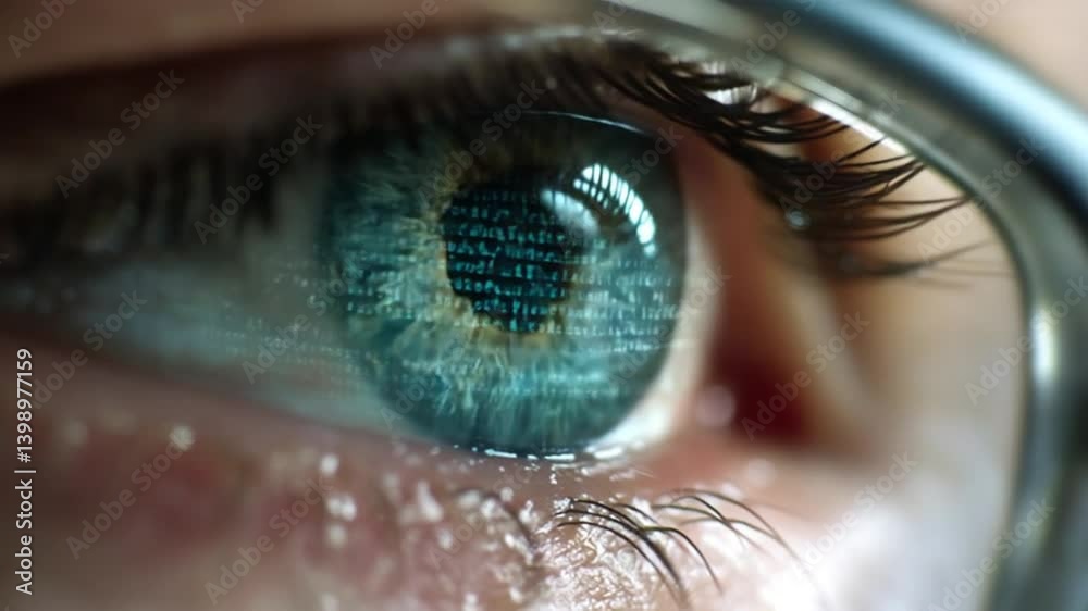 Poster close up of an eye with glasses overlaying a coding screen background generative ai